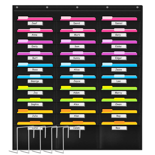 Godery School Pocket Chart 30 Signatory Pocket Heavy Duty Hanging File Folders Pocket Chart Cascading Organizer & 5 Hangers Hooks